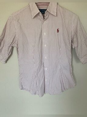 Ralph Lauren Womens Striped Collared Button Down Shirt Red White Pony 4 Preppy